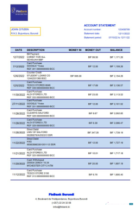 Download Burundi Finbank bank statement excel Photoshop template